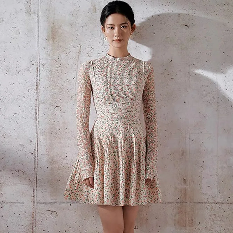 

Женское шифоновое платье с цветочным принтом, элегантное мини-платье с драпировкой, весна-осень, 2021