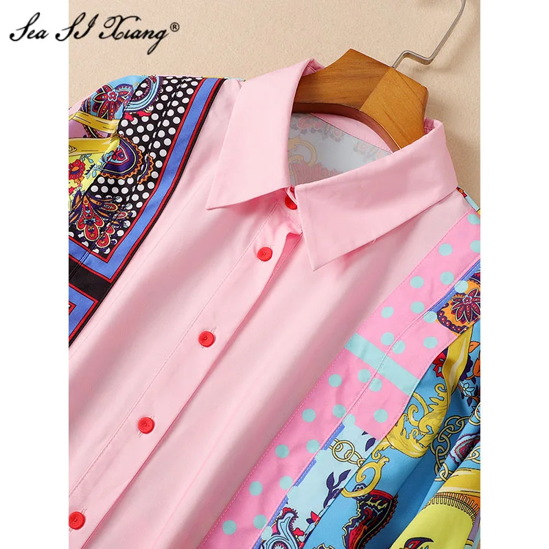 Seasixiang-Conjunto de dos piezas formado por Top y falda, camisa con cuello vuelto, para mujer