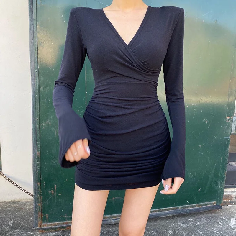 

ZOVSV Ruched Black Bodycon Mini Dresses Ladies Party V Neck Ruched Long Sleeve Short Dress Casual Korean Skinny Autumn 2021
