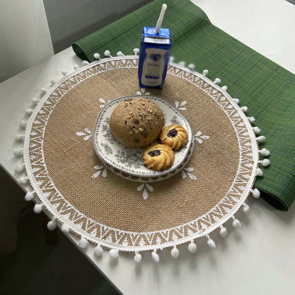 

Vintage Round Flower Insulation Dining Mats Bohemian Cotton Woven Linen Placemat Table Mat Non Slip Tassels Delicate Mat