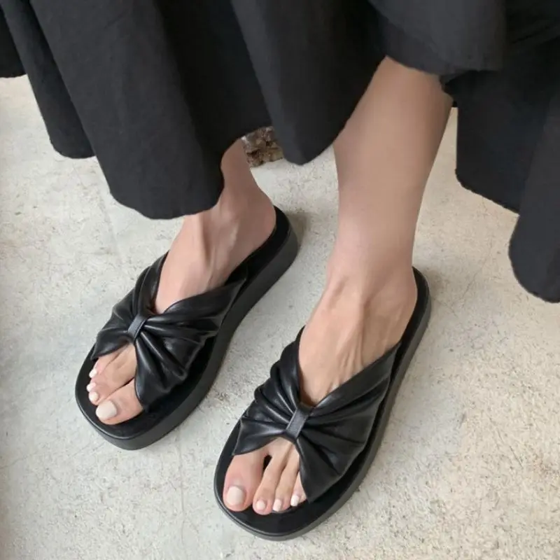 

COOLCEPT Size 33-40 Women Slippers Real Leather Street Fashion Platform Bowknot Summer Shoes Woman Heels Sandals Home Footwear