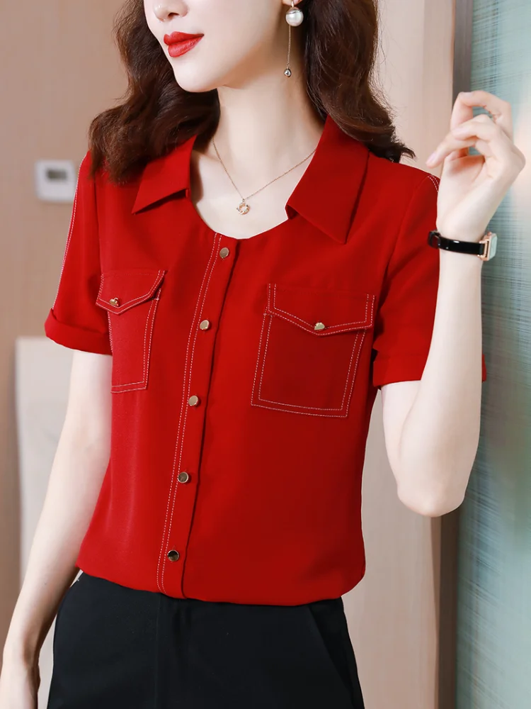 

Women's Blouses Short Sleeve Tops Polo Shirts Fashion Top Casual Blouses Solid Color Shirt Loose Chiffon Summer