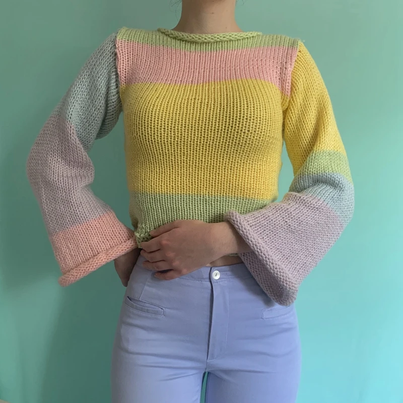 

Y2K Autumn Winter 90s Vintage Knitted Sweaters Striped Crimping Cropped Pullovers Chic Women Kawaii Knitwear Retro Streetwear