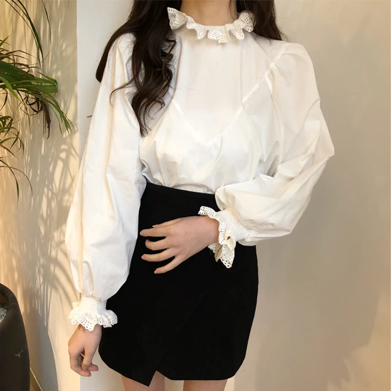 Женская блузка с рукавом фонариком тонкая Свободная кружевной строчкой