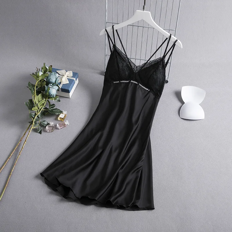 

Women Sexy Suspenders V-neck nightgown New Lace Beauty Back Solid Color Lady With chest pad lace sleepwear SJ004