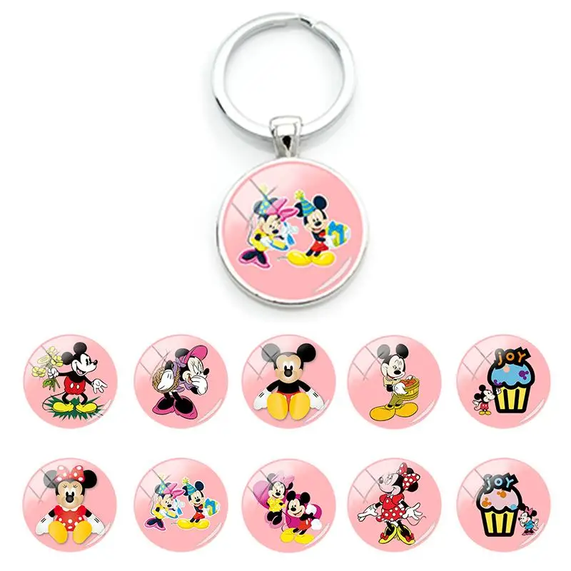 

Disney Cute Mickey Mouse Couple Anime Keyring Bag Car Key Chain Glass Pendant Cabochon Keychains for Boys Girls jewelry MIK79-25