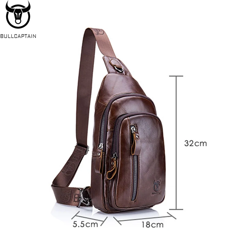 BULLCAPTAIN Men's Leather Shoulder Crossbody Chest Bag Head Layer Cowhide Fashion Multifunctional Sports Casual Chest Bag