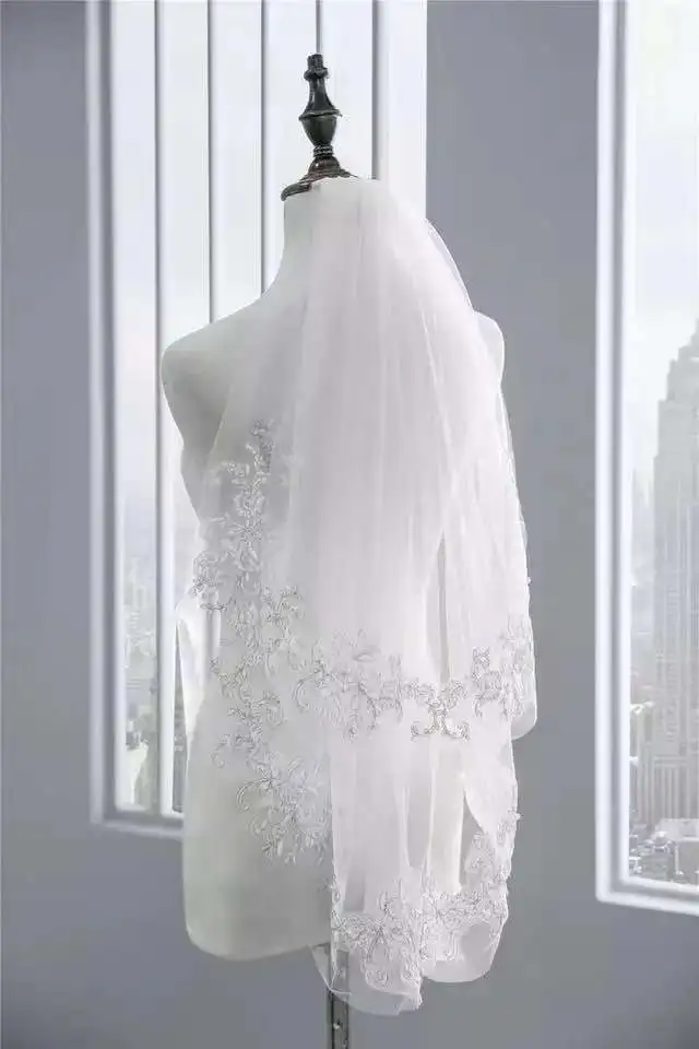 Короткая белая Фата невесты с гребнем двухслойная жемчужинами 2021 аппликации из