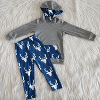 wholesale baby girl boy children christmas outfit gray hoodie clothing set long sleeves blue deer pants kids boutique clothes