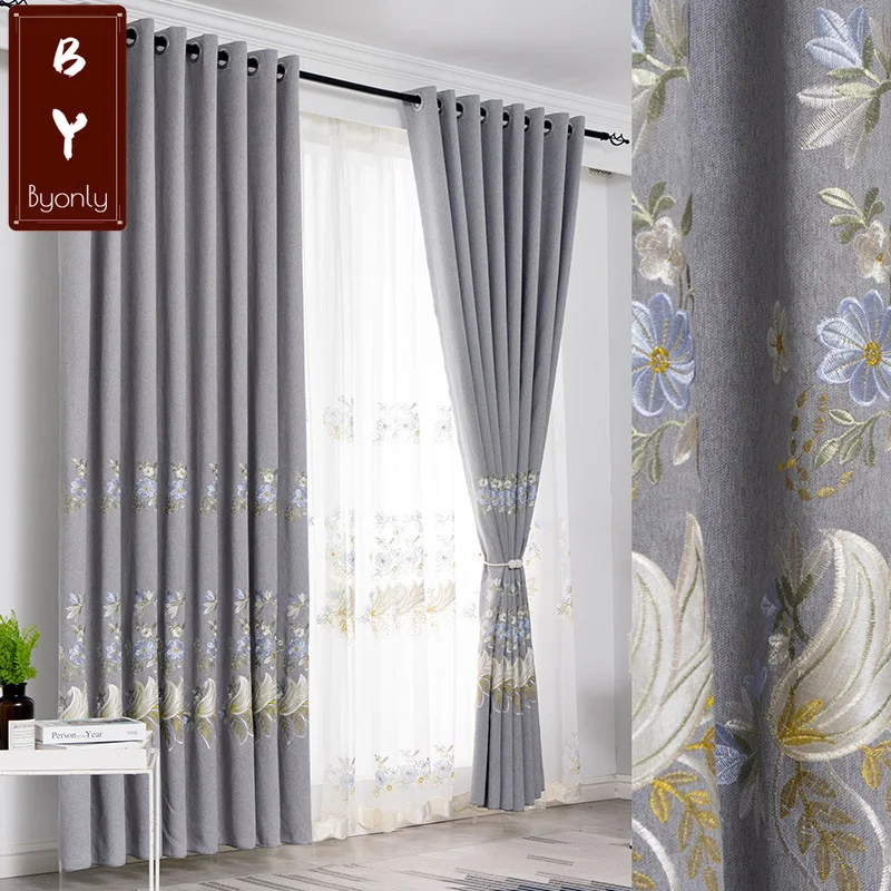 

New Curtain Pastoral Pasted Embroidered Shading American Finished Product Customization Curtains for Living Dining Room Bedroom