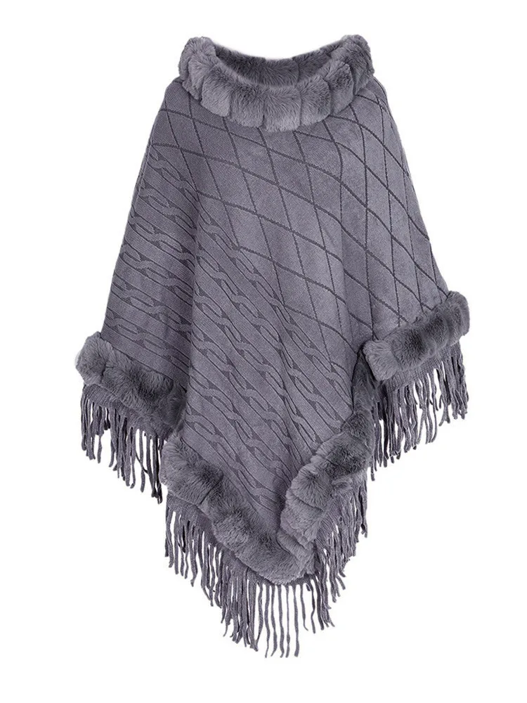 Женская Лоскутная накидка кашемировая с меховым воротником пончо для осени и