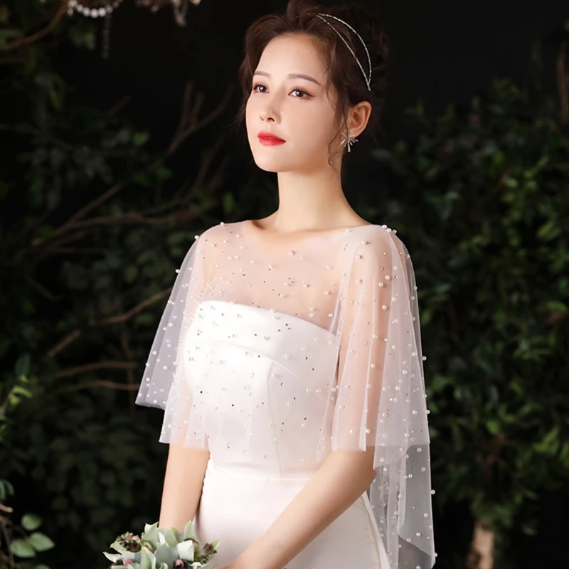 

Women Sheer Tulle Pleated Wedding Shawl Rhinestone Pearl Beaded White Capelet Bolero Vintage High Low Shrug Wrap Cape for Dress