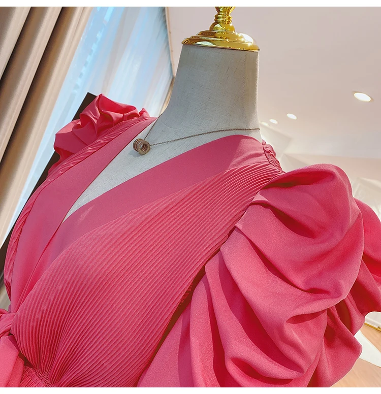 

Retro Puff Sleeve V-neck Shirt Women's 2021 Spring Fashion Design Ruffled Tied Slimming Top Pleated Short Sleeves Shirt Blouse