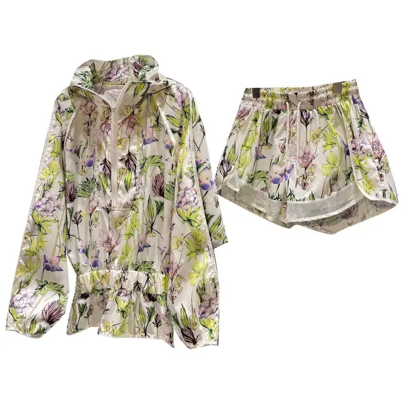 

Flower Digital Printing Sunscreen Rainproof Silk Hooded Jacket + Shorts 2021 Summer Two Piece Set