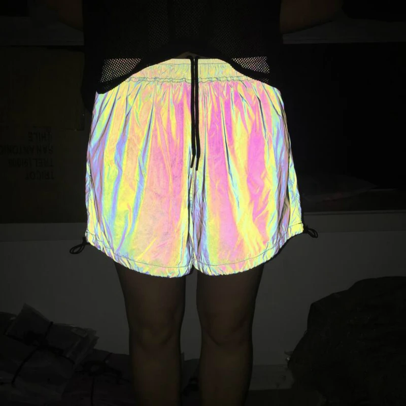 Jogger Reflective Light Shorts Women Rainbown Hot Short Feminino Running Sweatpant Wide Leg Elastic Waist Drawstring Mesh Lining