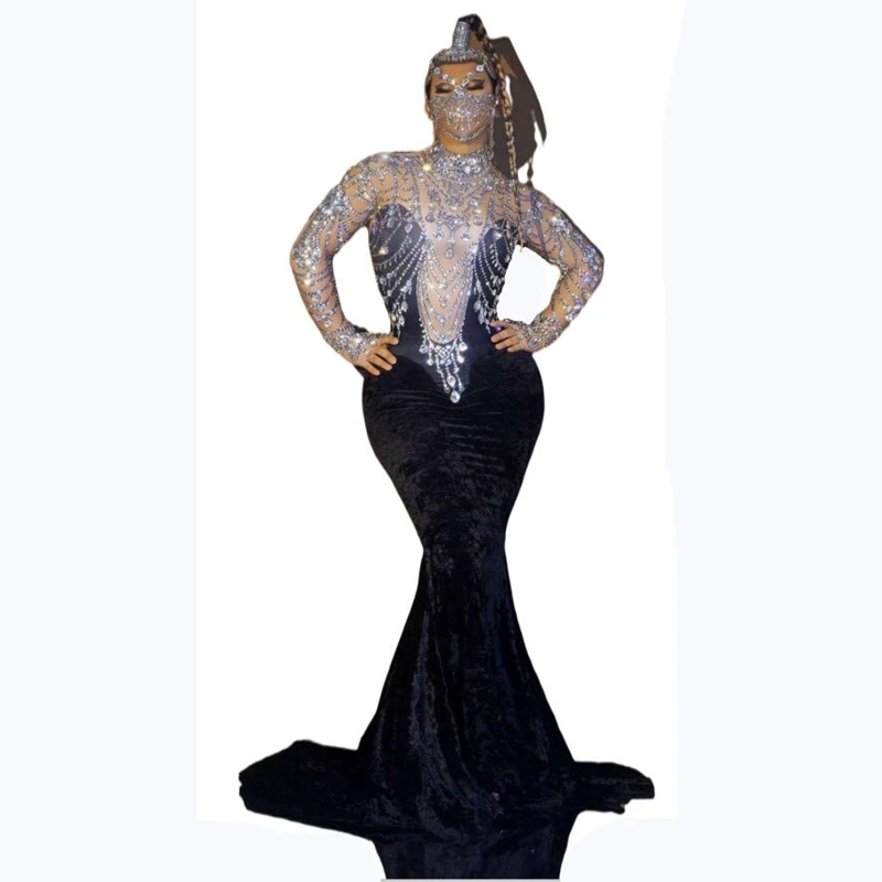 New Women Sexy Black Velvet Big Sleeves Long Dress Set Birthday Celebrate Dance Outfit Singer Evening Shiny Rhinestone Dress