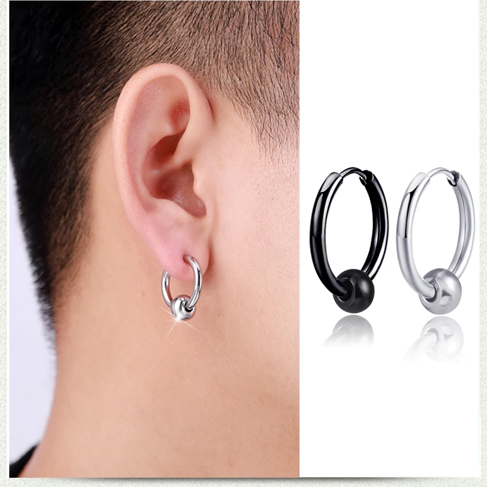 

Vintage Hoop Earrings Men Punk Stainless Steel Black Bead Brincos Without Piercing