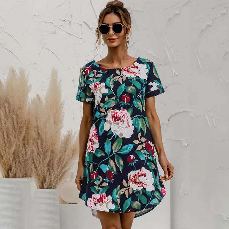 

Summer Women Temperament Dress Floral Print Short Sleeve O Neck Dresses Casual Loose Vintage Streetwear Plus Size Female Dress
