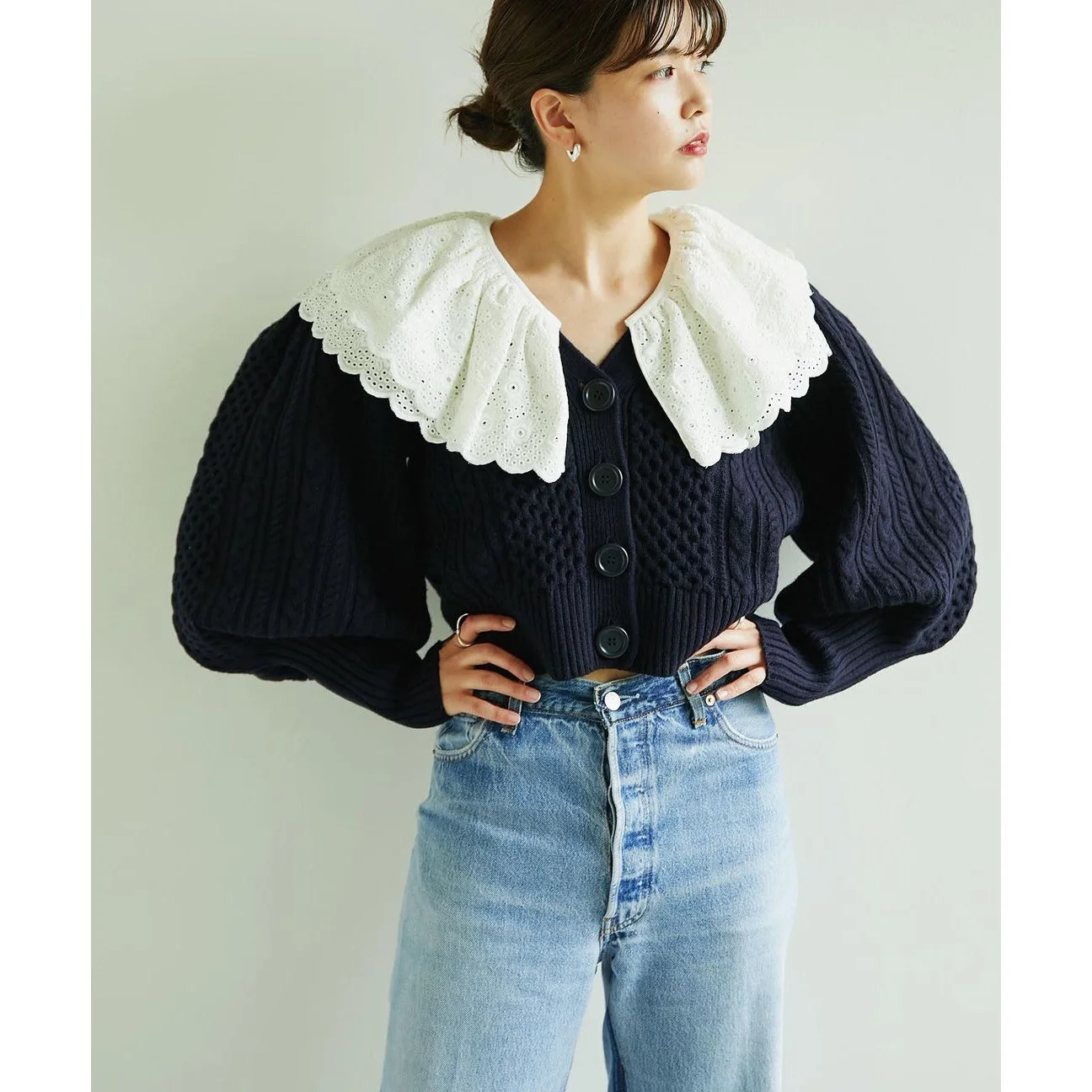 

French Niche Design Detachable Lace Lapel Lamellas Lantern Sleeves Wool Knitted Cardigan Short Tops Fall 2021 Women