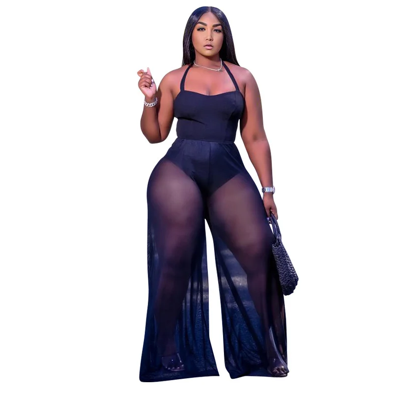 

Mesh Patchwork Jumpsuit Women Wholesale Bodysuit Wide Leg Birthday Sexy Club Outfits One Piece Jumpsuit Dropshipping Summer 2021