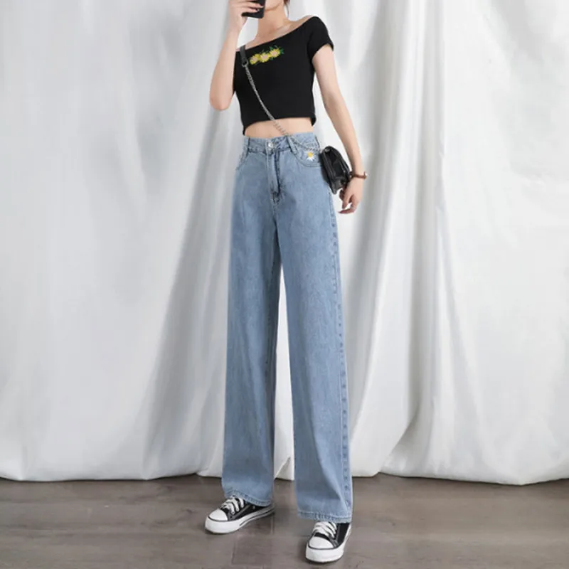 

Women's High waist Jeans Blue Casual Chrysanthemum Wide-leg Denim Clothing Spring Autumn Harajuku Retro Straight Ladies Trousers
