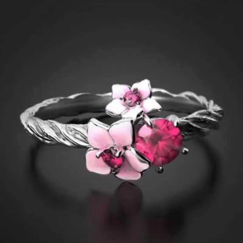 

Temperament Delicate Vintage Sliver Color Flower Ring Sparkling Pink Zircon Petal Design For Women Exquisite Jewelry Gifts