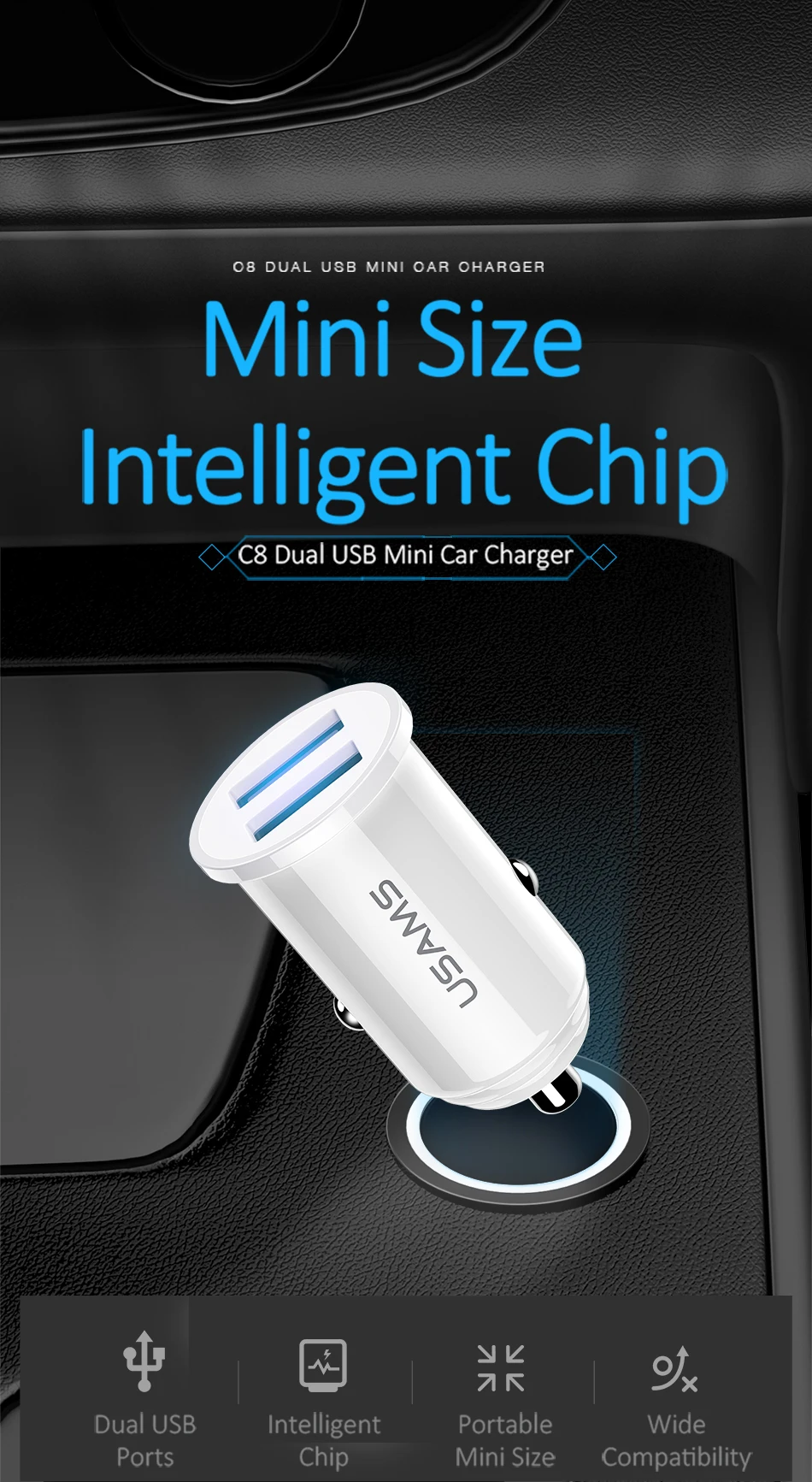 Автомобильное зарядное устройство USAM двойное автомобильное usb-устройство для зарядки телефона светодиодный дисплей USB зарядное устройство для samsung Xiaomi huawei универсальное USB зарядное устройство для телефона планшета