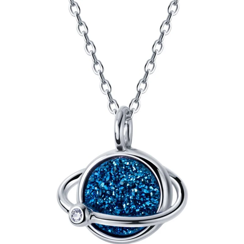 Женская серебряная цепочка на ключицы с эффектом памяти голубыми планетами и