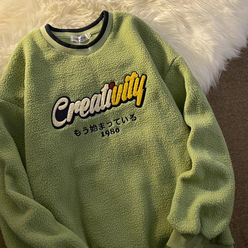 

Spring Women Fleece Hoodies Embroidery Letter Sweatshirt Warm Thick Velvet Loose Top Harajuku Vintage Oversized Teens Pullover