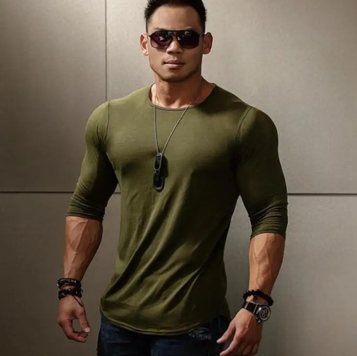 Сплошной цвет пустой фитнес футболка мужская длинная секция хлопок дышащая