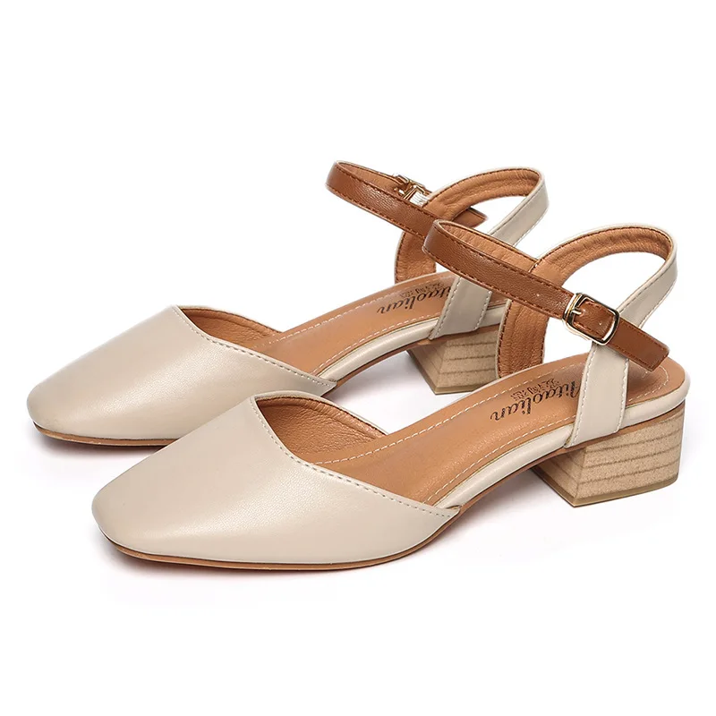 

Female Sandal Comfort Shoes for Women Med 2021 Summer Square Toe Block Heels Mary Jane Buckle Girls Medium New Beige Chunky Clos