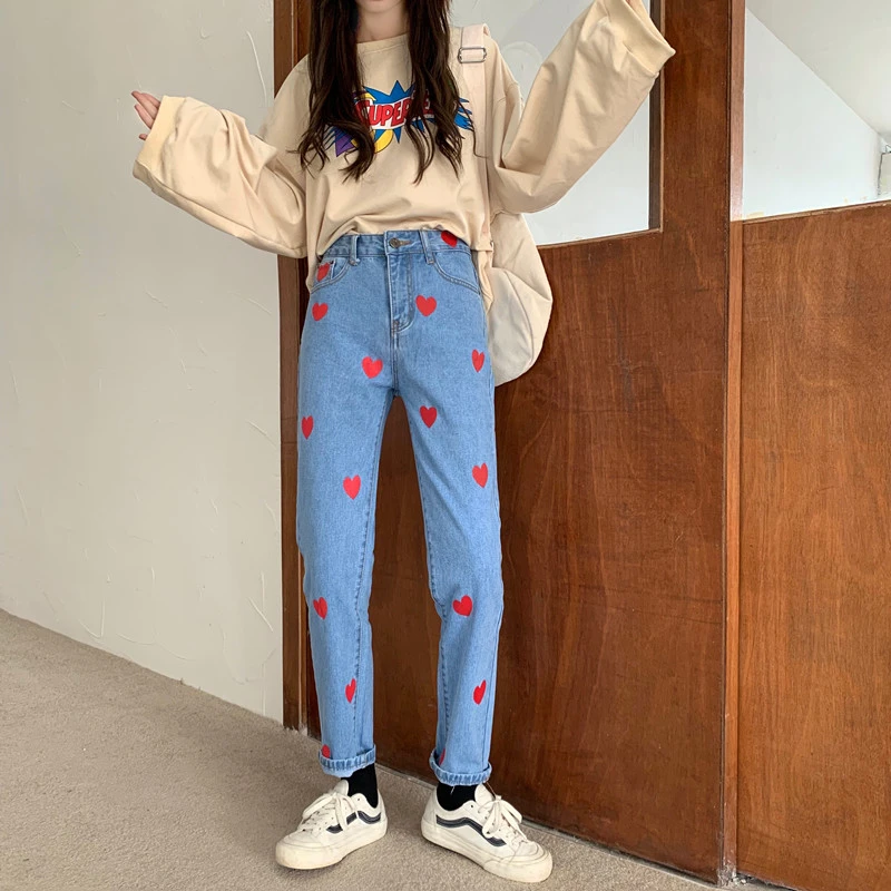 Новые весенние японские мягкие свободные джинсы с милой вышивкой| |