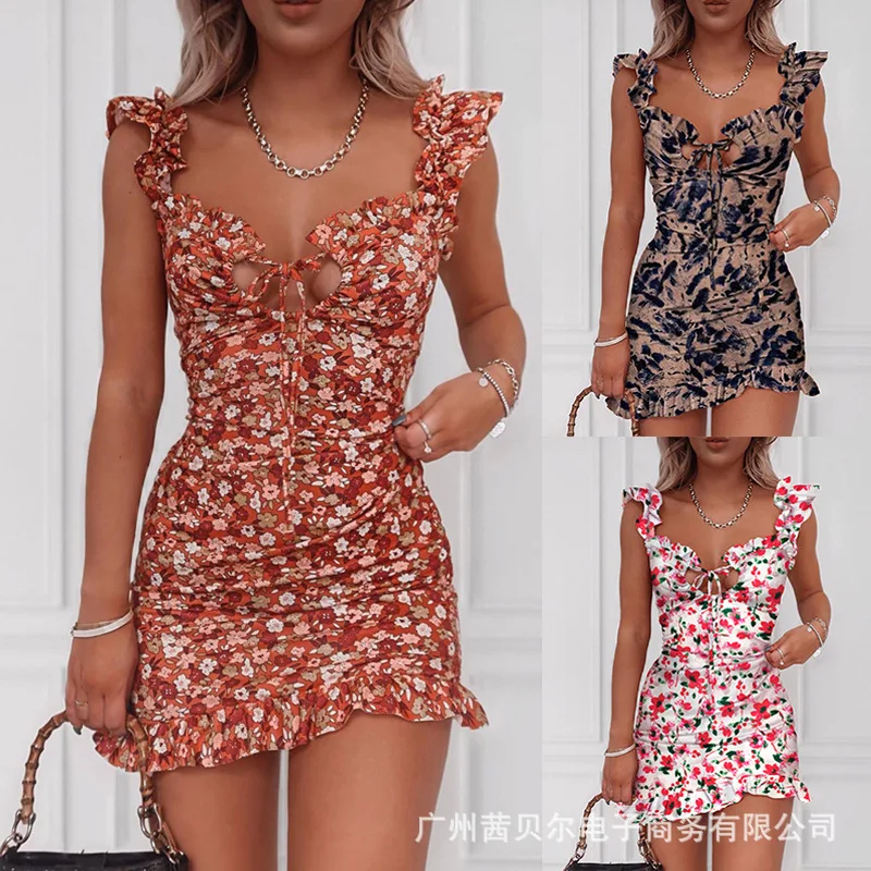 

2021 European and American new style printed wood ear stitching lace dress