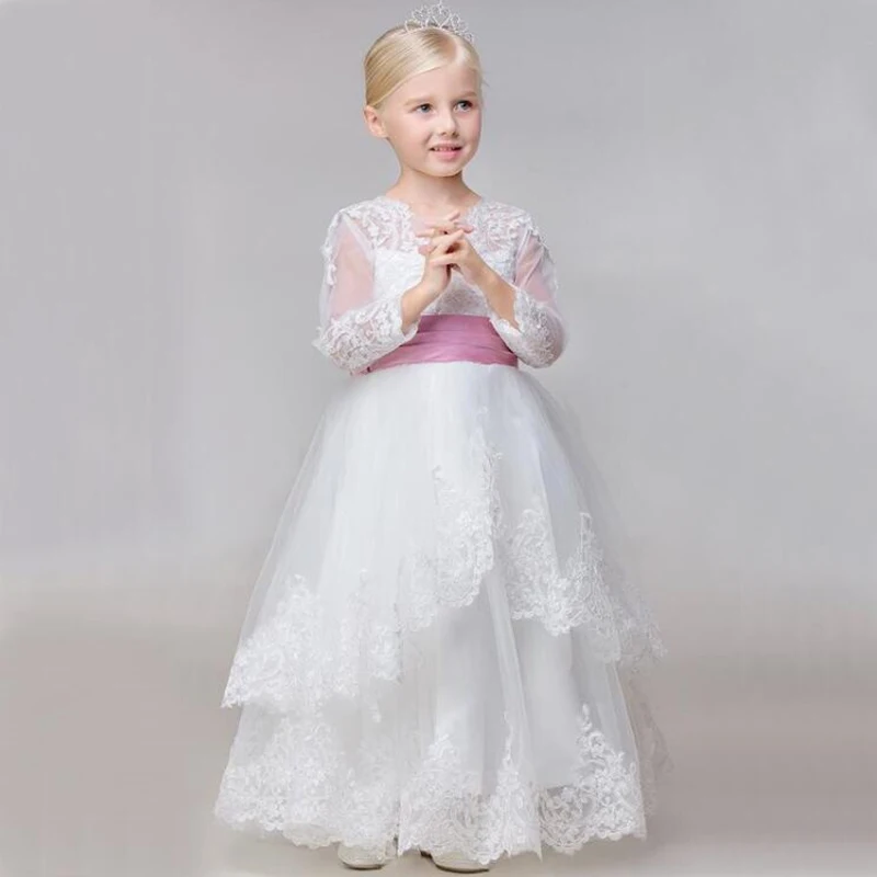 Picture style Синий пояс с жемчугом, бант, цветок, платье для девочек, Кружевная аппликация, рукав-колпачок, платье для первого причастия, вечерние платья для торжеств - Цвет: Picture style