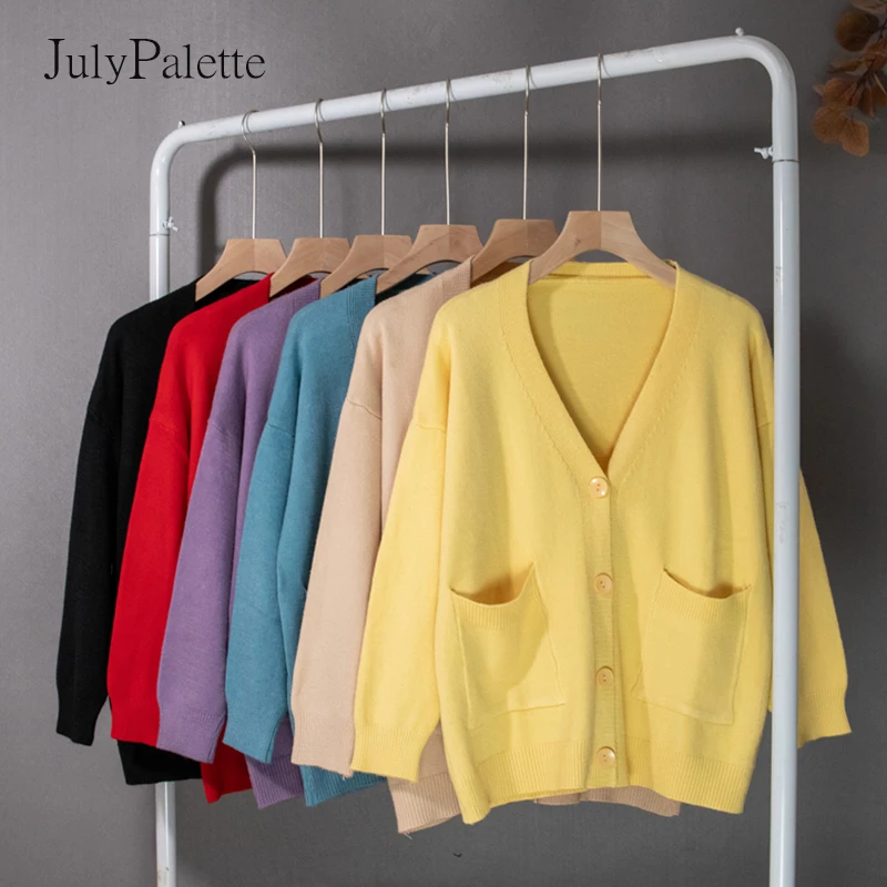 

Julypalette 2021 осень-зима желтый кардиган свободный женский с длинным рукавом карманы корейский Повседневный однотонный трикотажный свитер с V-о...