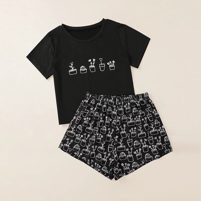 

2021 Fashion Casual Funny Black Plant Flower Cactus Printed Women Tshirt Shorts Two Pieces Women Pajama Sets Dropshipping