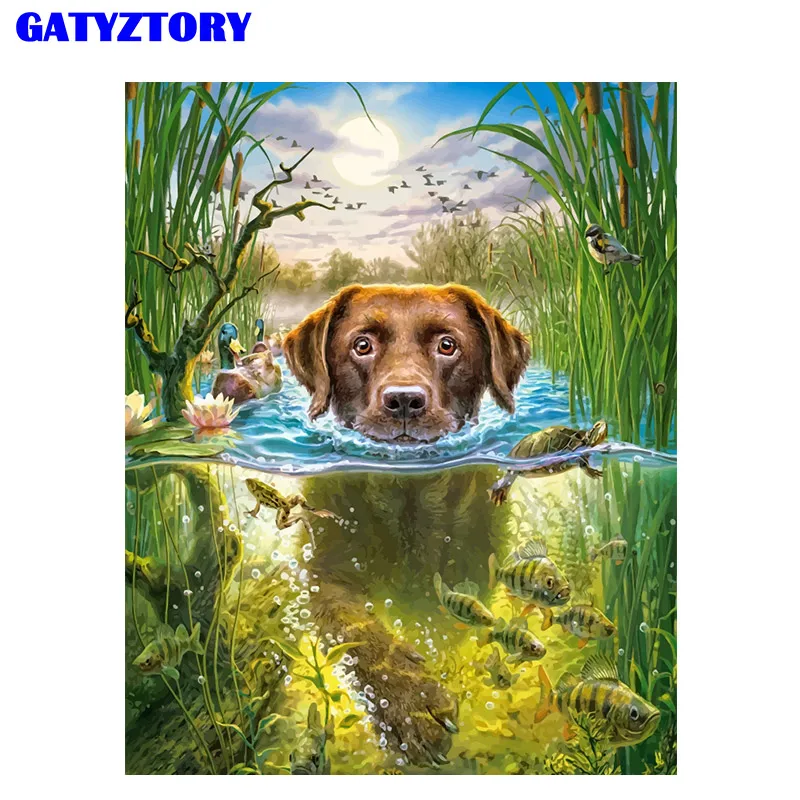 GATYZTORY рама плавающая собака животные Diy картина по номерам ручная роспись, стенная роспись изображения пронумерованы уникальный подарок для домашний декор