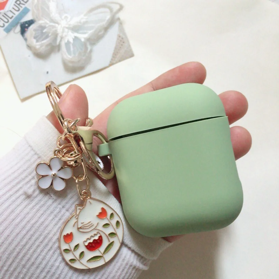 Силиконовый чехол маття зеленый для airpods 2 с милым цветочным котом силиконовый