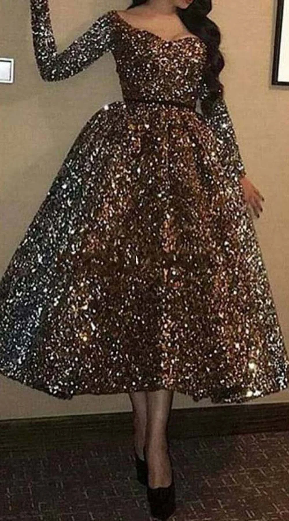 

V Neck Long Sleeve High Low Hi-Lo Sequins Lace Evening Dresses Prom Dresses