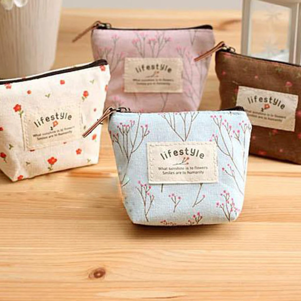 

Mini Floral Canvas Coin Cases Keys Bags Card Change Purse Zip Wallets