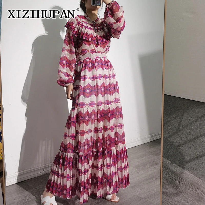 XIZIHUPAN Print Casual Two Piece Set For Women O Neck Lantern Long Sleeve Top High Waist Ruched Maxi Skirts Loose Sets Females