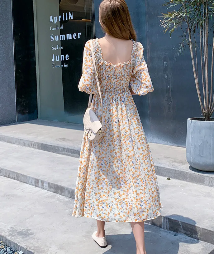 

Tonglord Women's Chiffon Dress 2021 Summer Female Hafl Sleeve Vintage Print Floral Square Collar A-line Casual Dresses Vestido