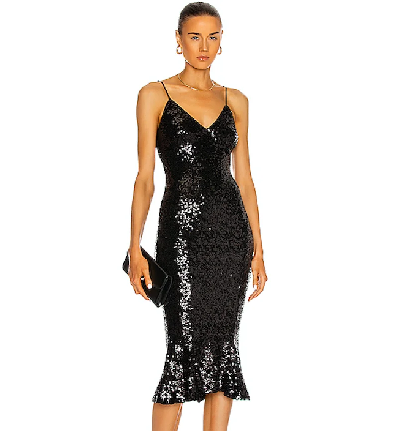 

High Quality Black Sexy Deep V Neck Spaghetti Strap Sequined Shinny Bandage Dress Celebrity Fashion Evening Party Dress