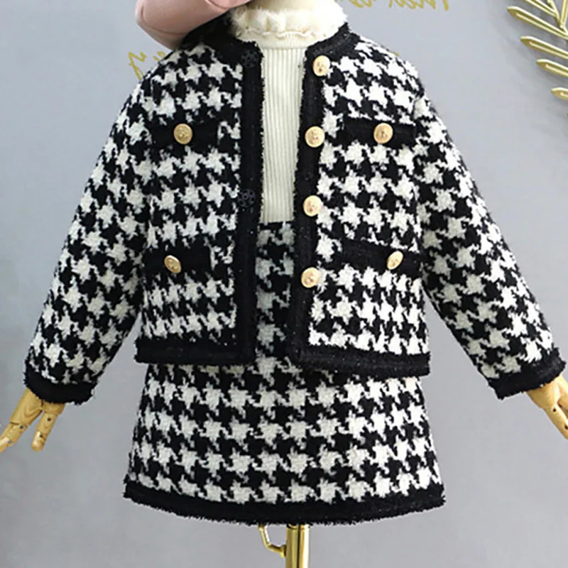 Кардиган с длинным рукавом и юбкой на пуговицах в клетку осень Sodawn для девочек 2020