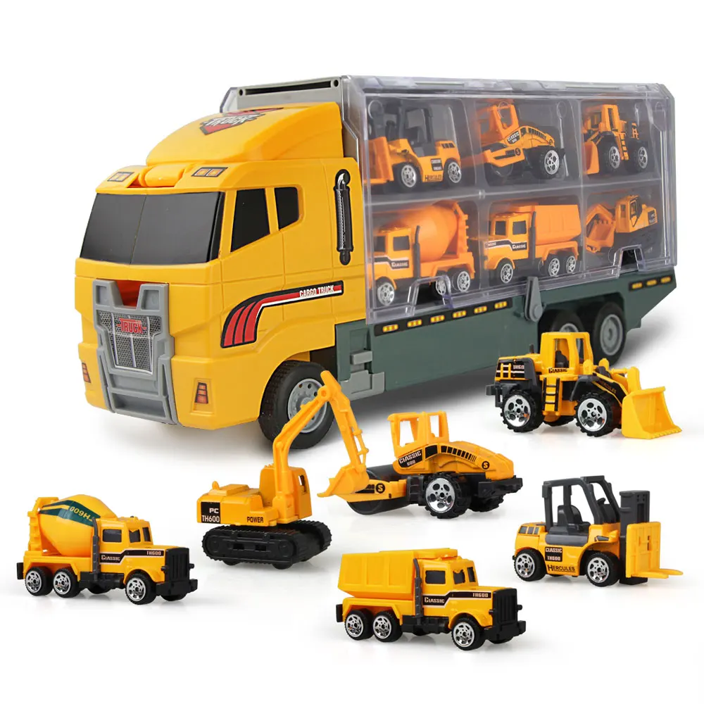 

Big Container Carrier Truck Vehicles With Mini Diecast Car Excavator Engineering Model Toys For Children Boys Birthday Gifts