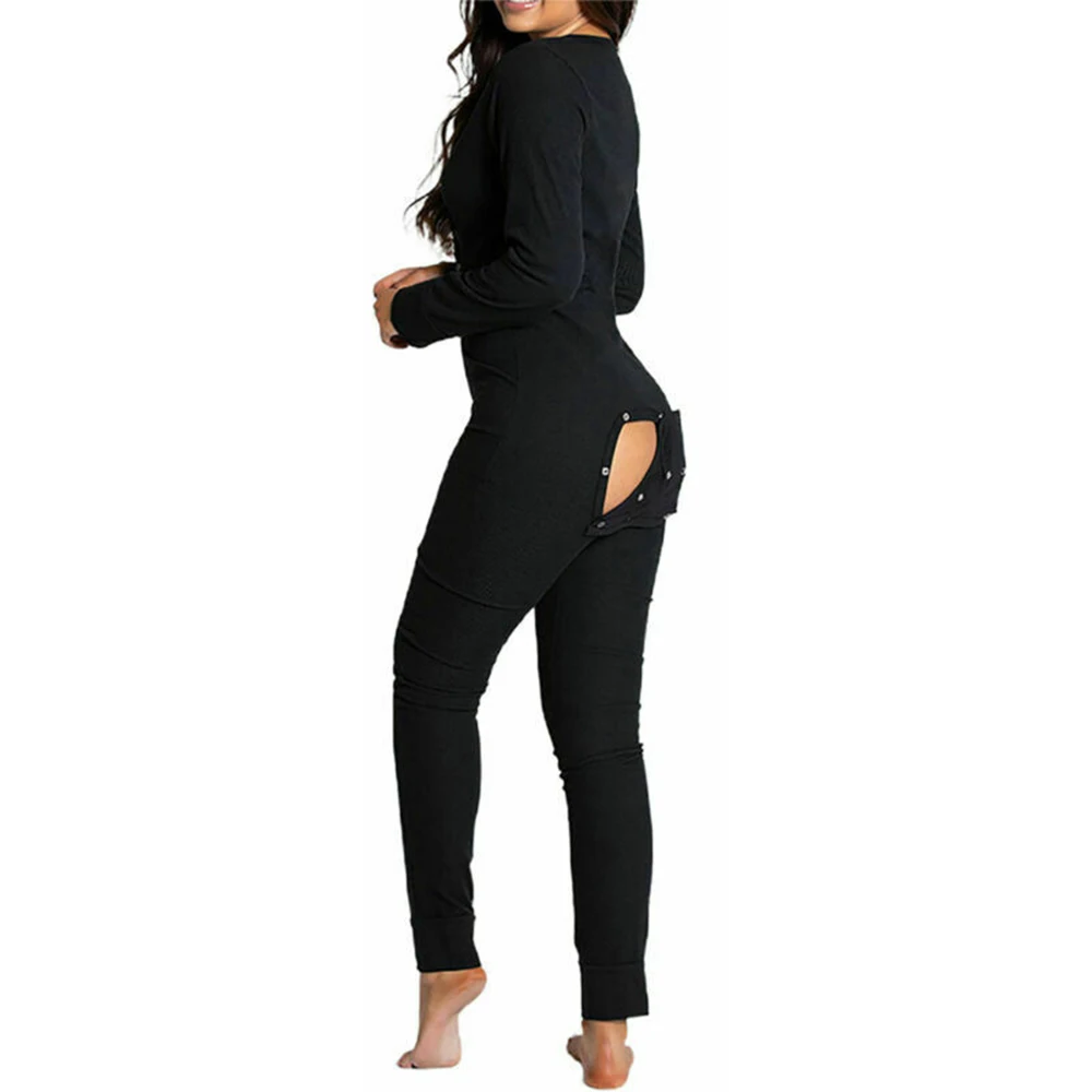 

Womens Solid Color Jumpsuit Pyjama with Back Butt Bum Open Flap Ladies Slim One Piece Playsuit