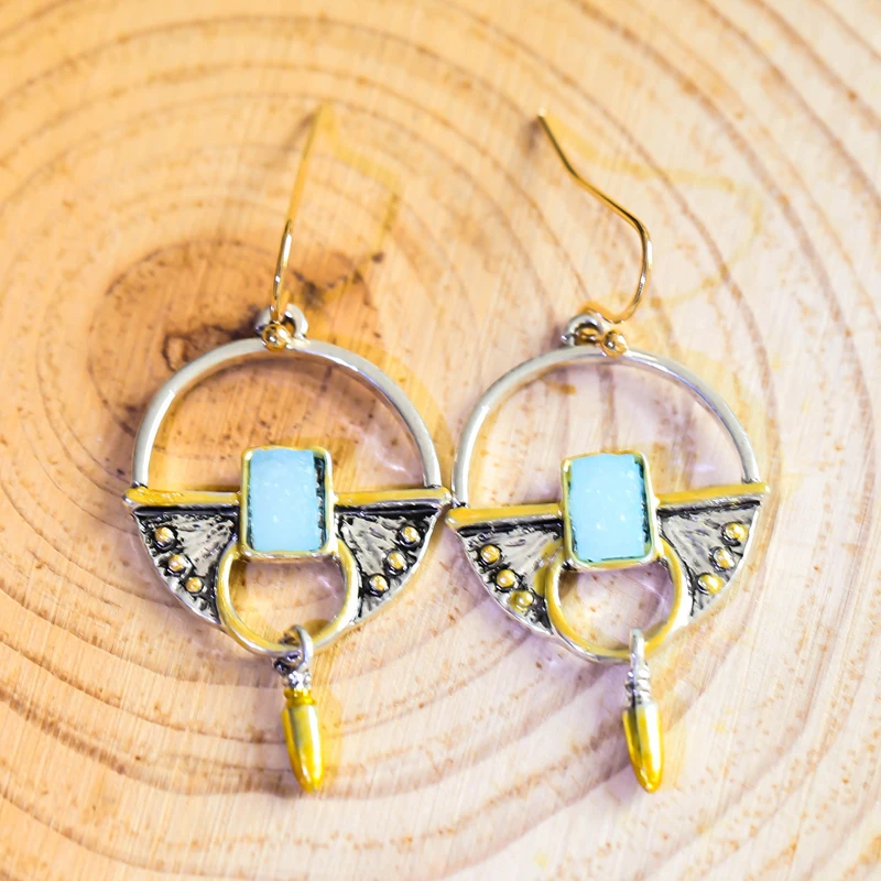 Boho Tribal полые круглые пули инкрустировано синим камнем серьги винтажные женские