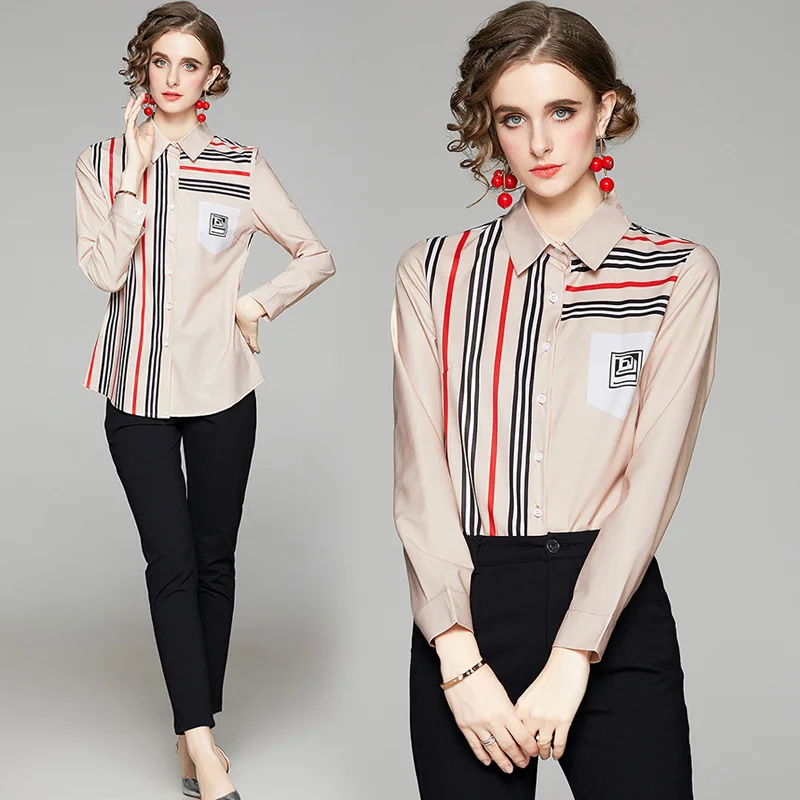 

Euro-American England Style Casual Fashion Stripe Print Vintage Women Blouse Long Sleeve Spring/Autumn Button Up Slim Shirt Tops