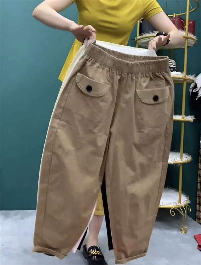 

Korea Fashion Spring Summer Women Elastic Waist Loose Cotton Harem Pants Double Pocket Casual Ankle-length Pants Plus Size