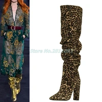 fashion european block heel slouchy boots over the knee slip on sexy pointed toe pleated leopard square high heel boots